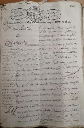 Testamento de José Peralta. Archivo Histórico Provincial de Málaga. Legajo 3736, folios 310-313. ...