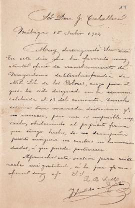 Carta de José Hurtado rechazando su nombramiento de Mayordomo.