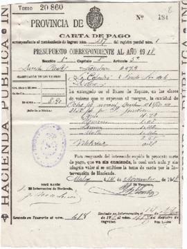 Carta de pago al Banco de España nº 184