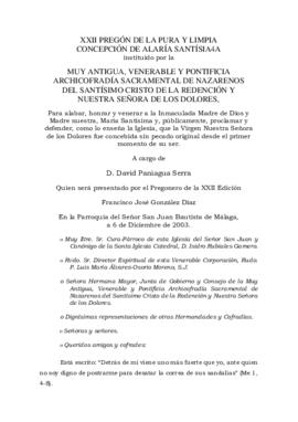 XXII PREGÓN DE LA PURA Y LIMPIA CONCEPCIÓN DE MARÍA